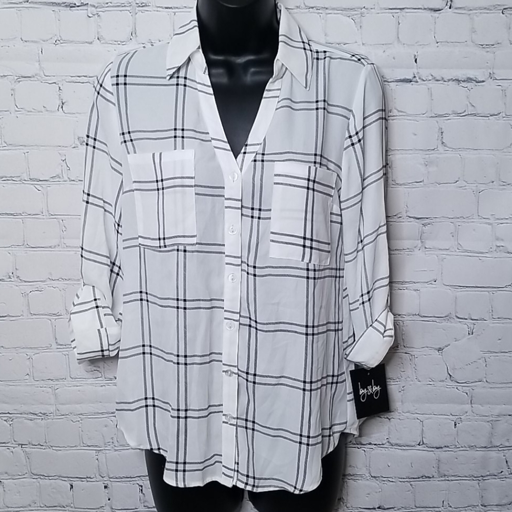 By & By Grid Print Button Front Blouse White and Black Oversized Size XS